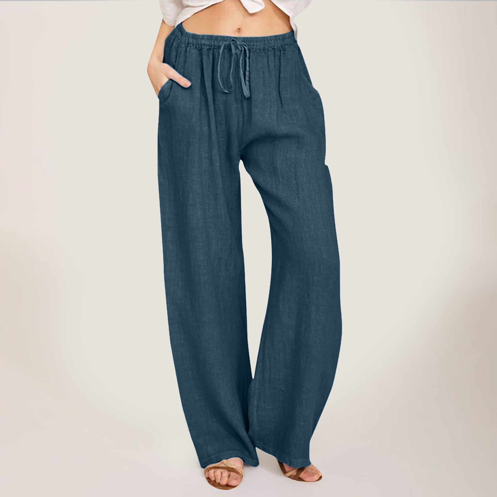 thumbnail image 2 of Pantalones anchos de cintura alta para mujer: pantalones elásticos con cordón, cómodos pantalones largos rectos con bolsillos, poliéster, para todas las ocasiones, 2 of 5